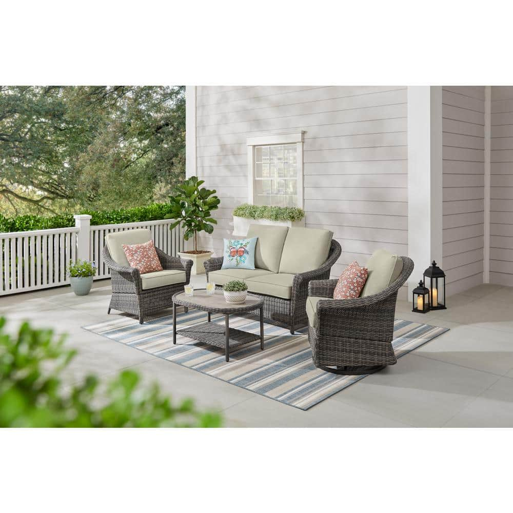 Hampton Bay Chasewood Brown 4-Piece Wicker Patio Conversation Set with CushionGuard Biscuit Cushions 505.1054.000