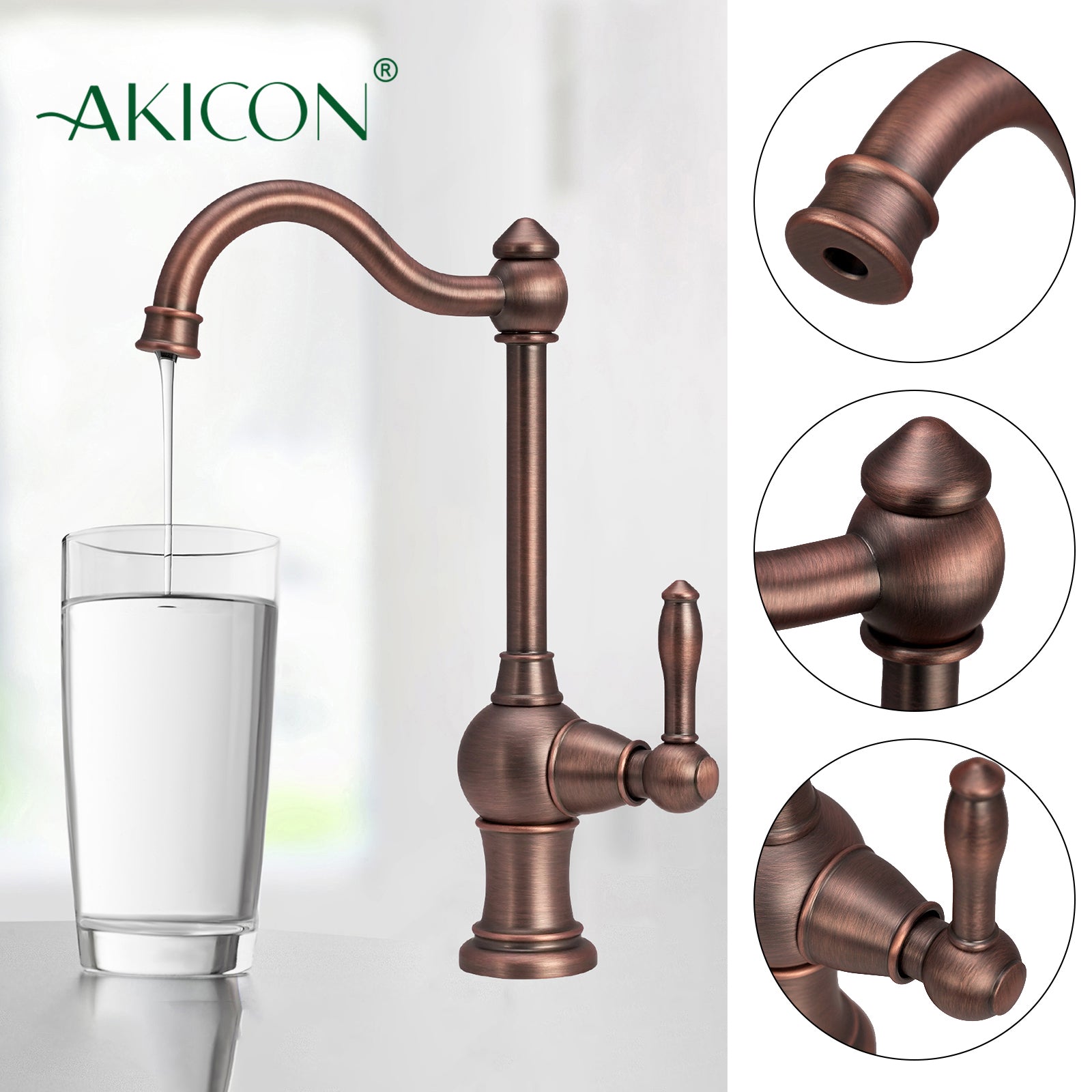 Akicon Copper One-Handle Drinking Water Filter Faucet， Solid Brass Water Purifier Faucet - Antique Bronze