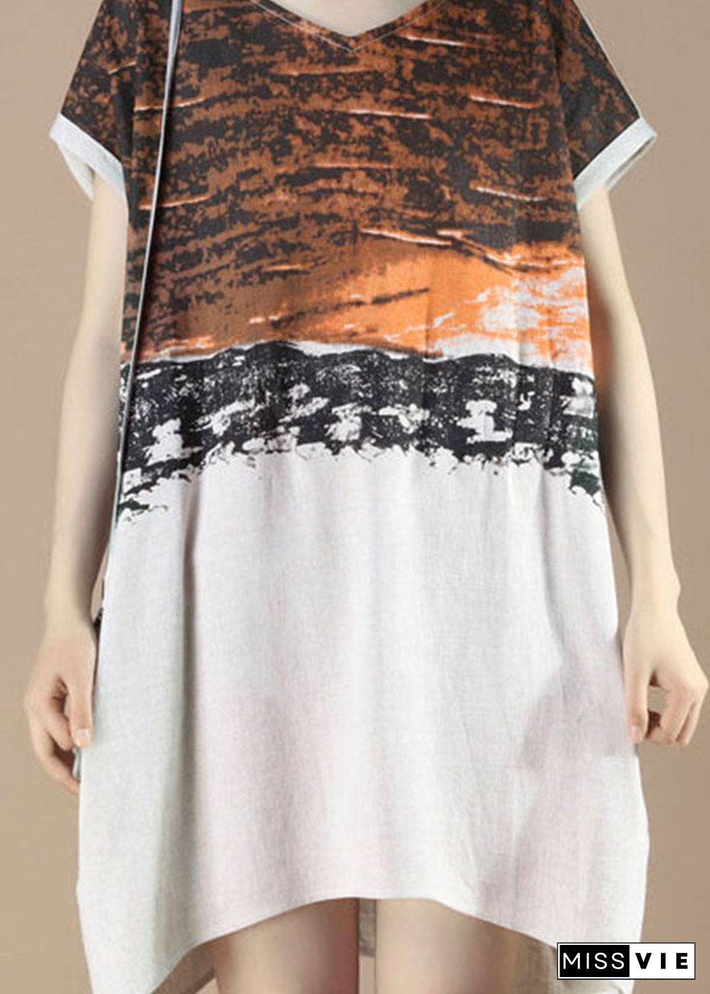 Unique Orange V Neck Print Patchwork Cotton Dress Summer