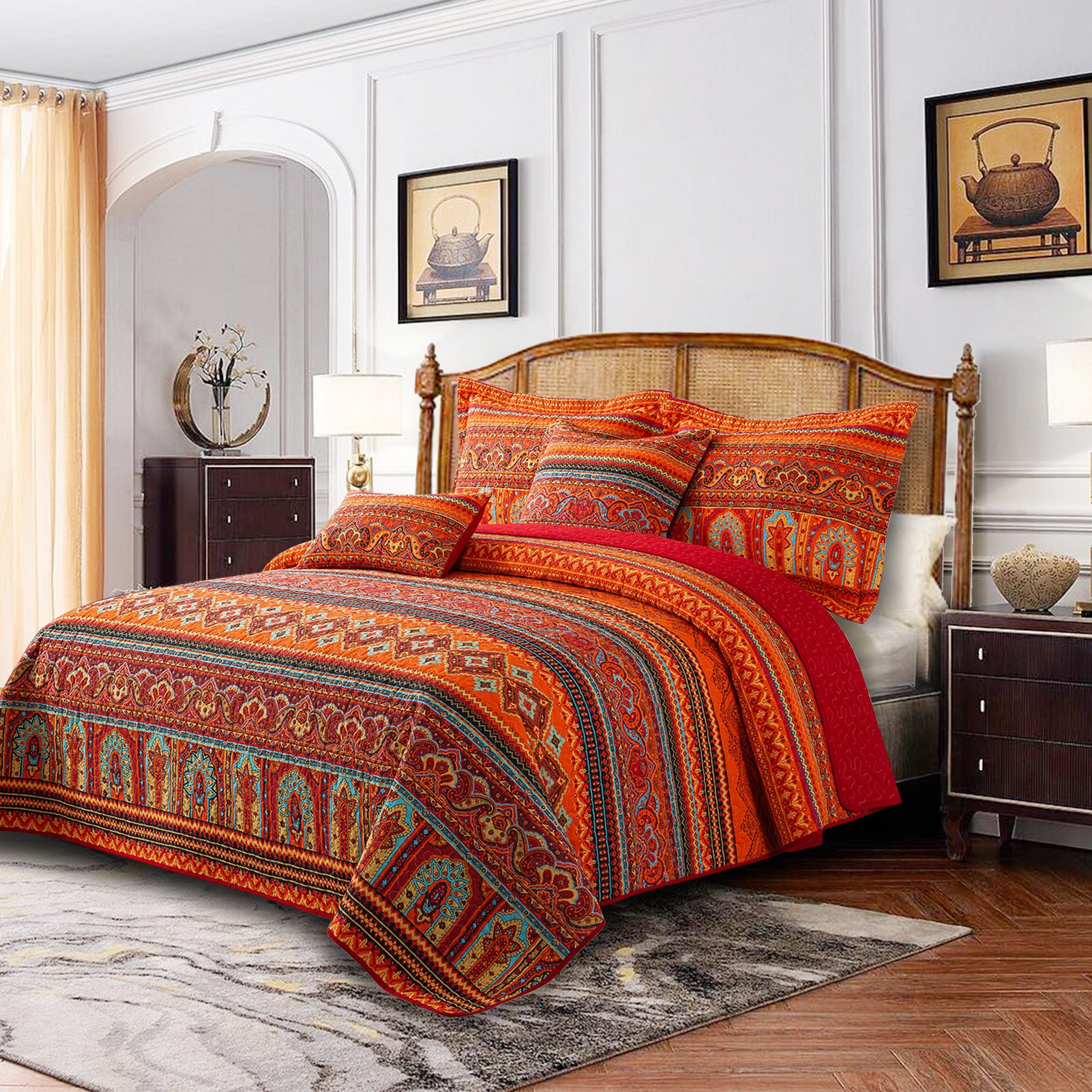 TWINRUN Queen Size Quilts Sets, Lightweight Microfiber Quilt Bedding Sets, Soft Bedspread Coverlet Set for All Season, Red/Orange