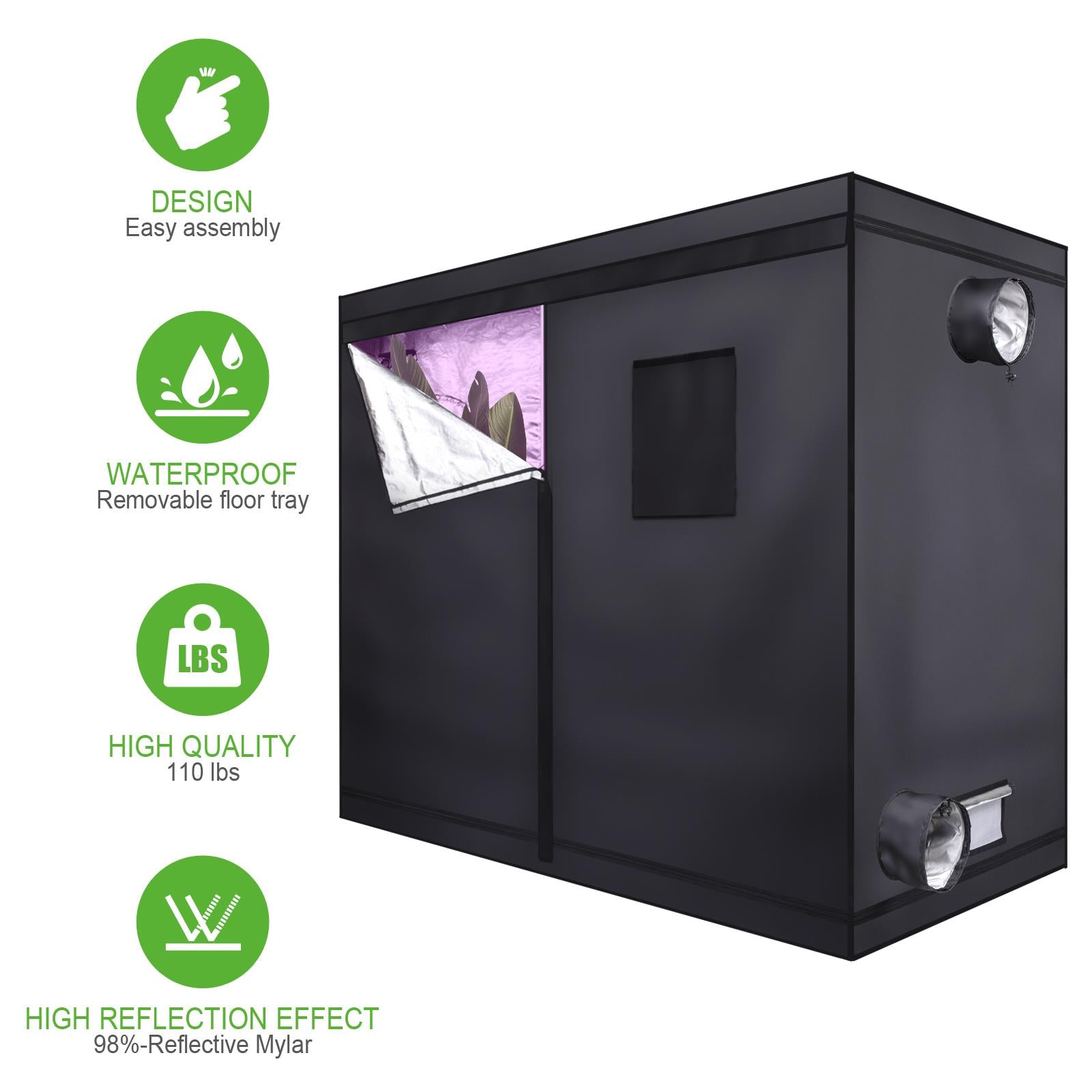 UBesGoo 240*120*200cm Home Use Dismountable Hydroponic Plant Grow Tent with Window Black