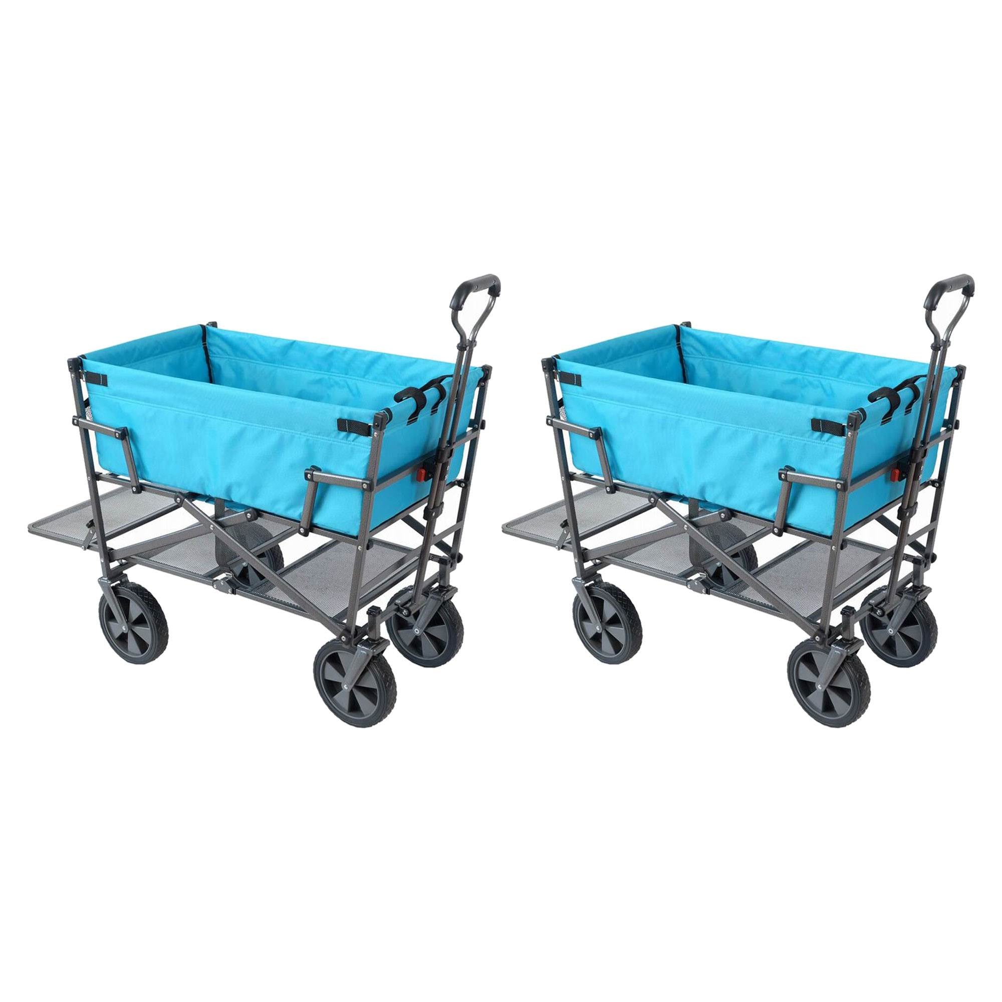 Mac Sports Heavy Duty Steel Double Decker Collapsible Yard Cart, Blue (2 Pack)