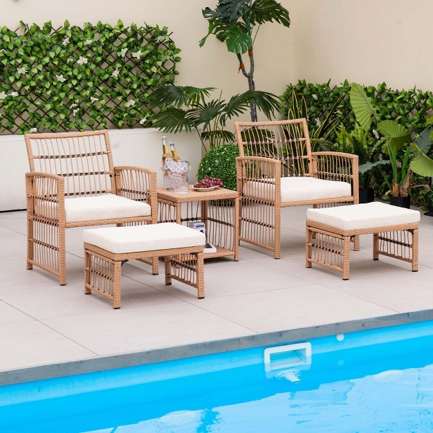 Costway 5 Piece Patio Rattan Wicker Conversation Set With 2 tier Coffee Table amp 2 Ottomans