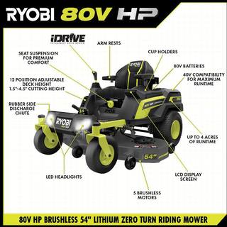 RYOBI 80V HP Brushless 54 in. Battery Electric Cordless Zero Turn Riding Mower (3) 80V Batteries (4) 40V Batteries and Charger RYRM8034