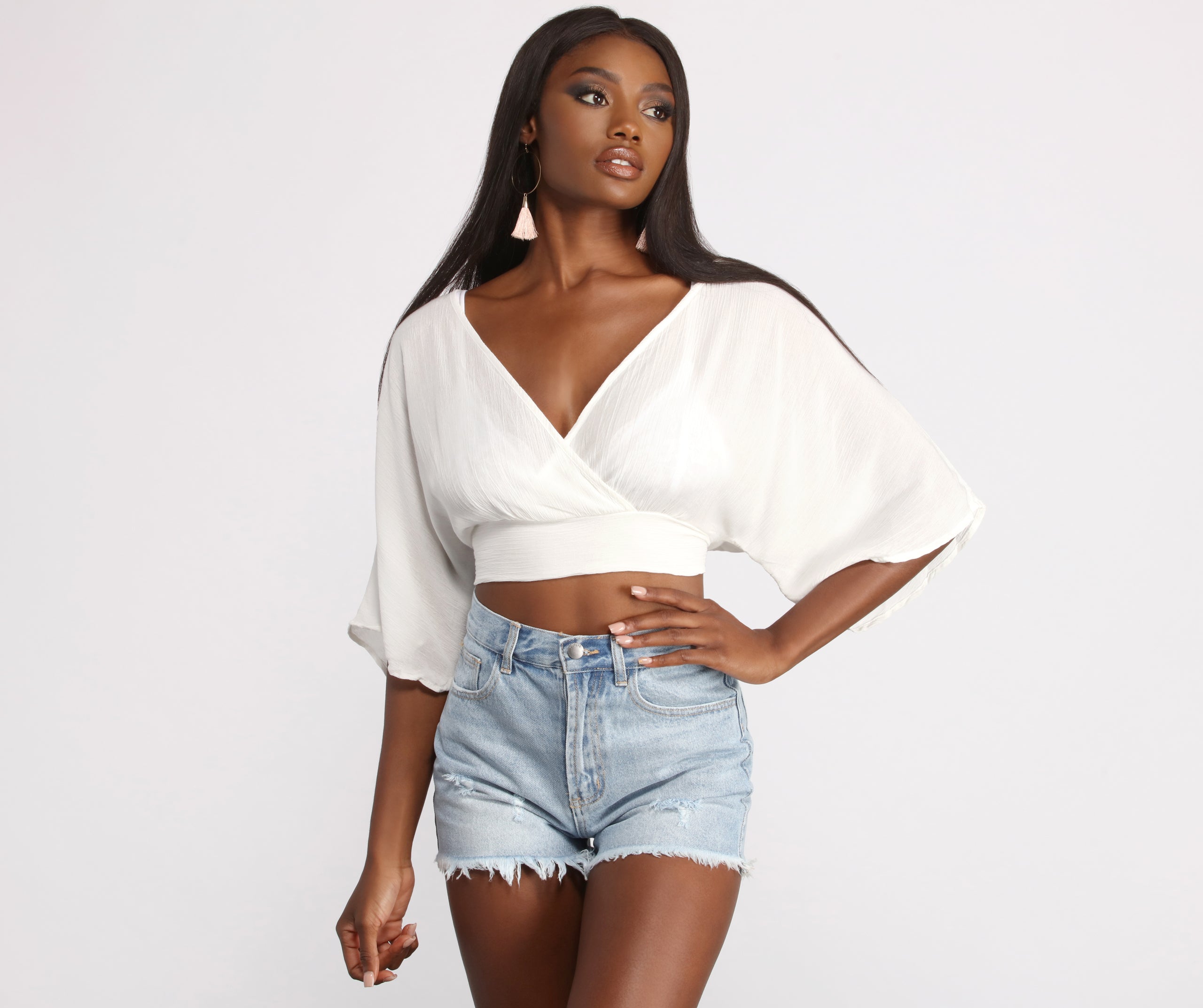 Plunging Surplice Tie Back Gauze Crop Top