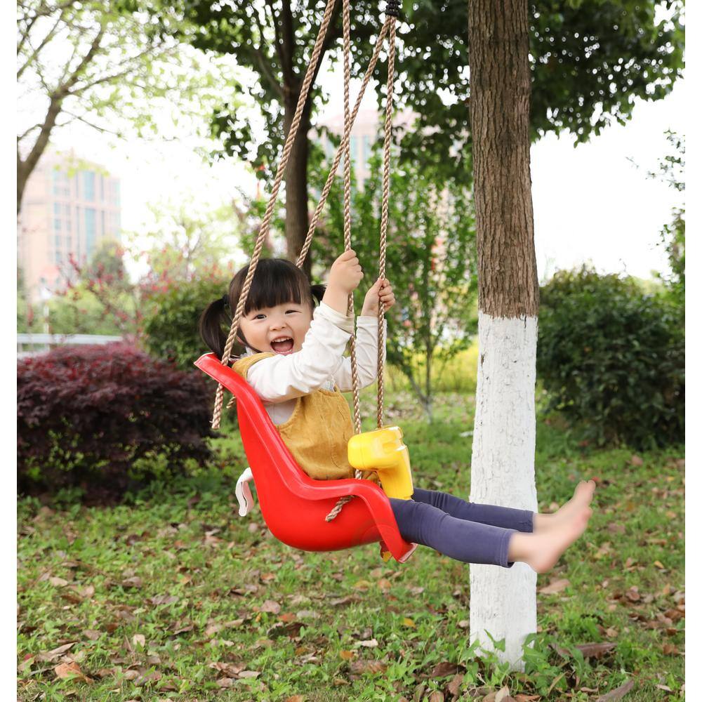 PLAYBERG Red Plastic Baby and Toddler Swing Seat with Hanging Ropes QI003371