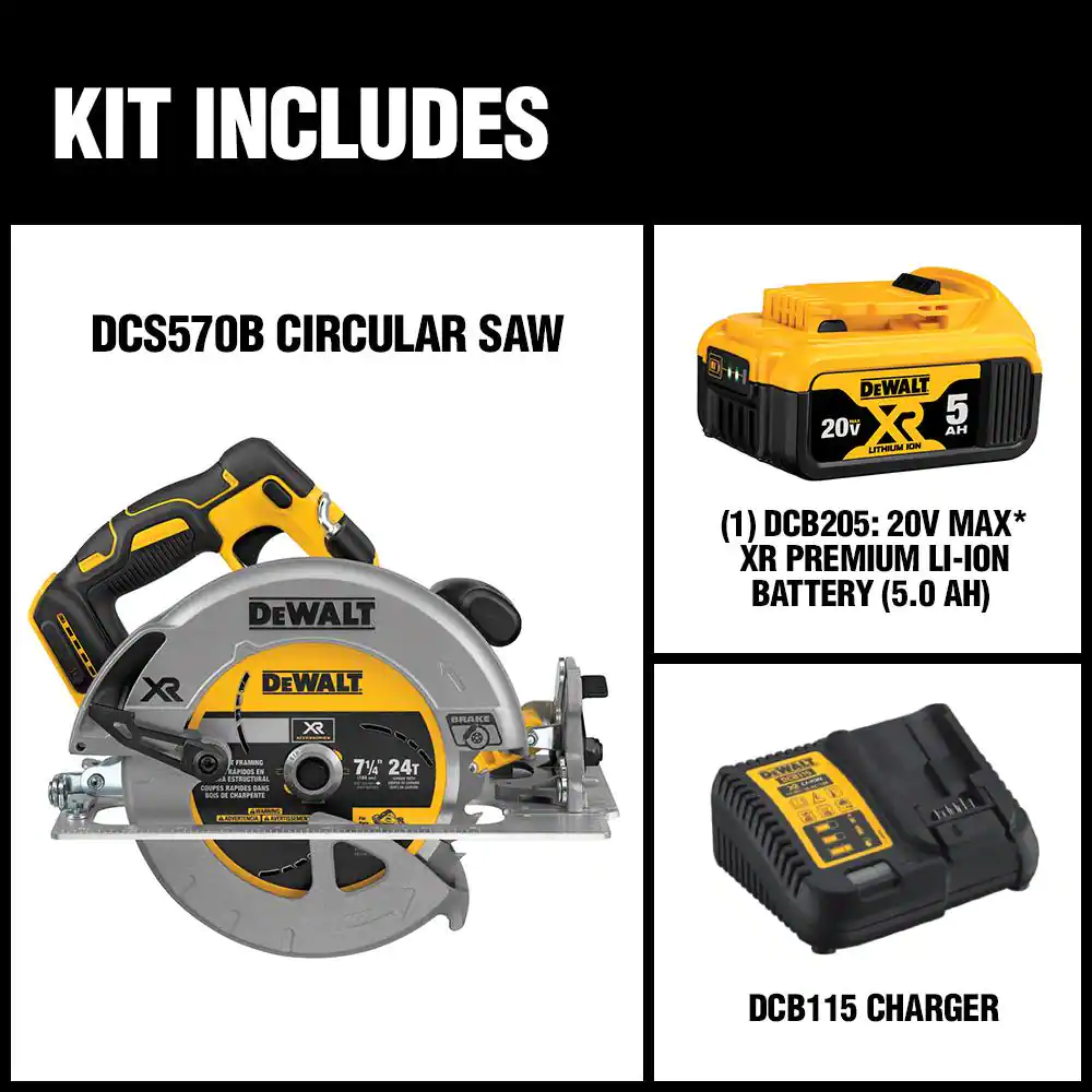 DEWALT DCS570P1 20-Volt MAX XR Cordless Brushless 7-1/4 in. Circular Saw with (1) 20-Volt Battery 5.0Ah and Charger