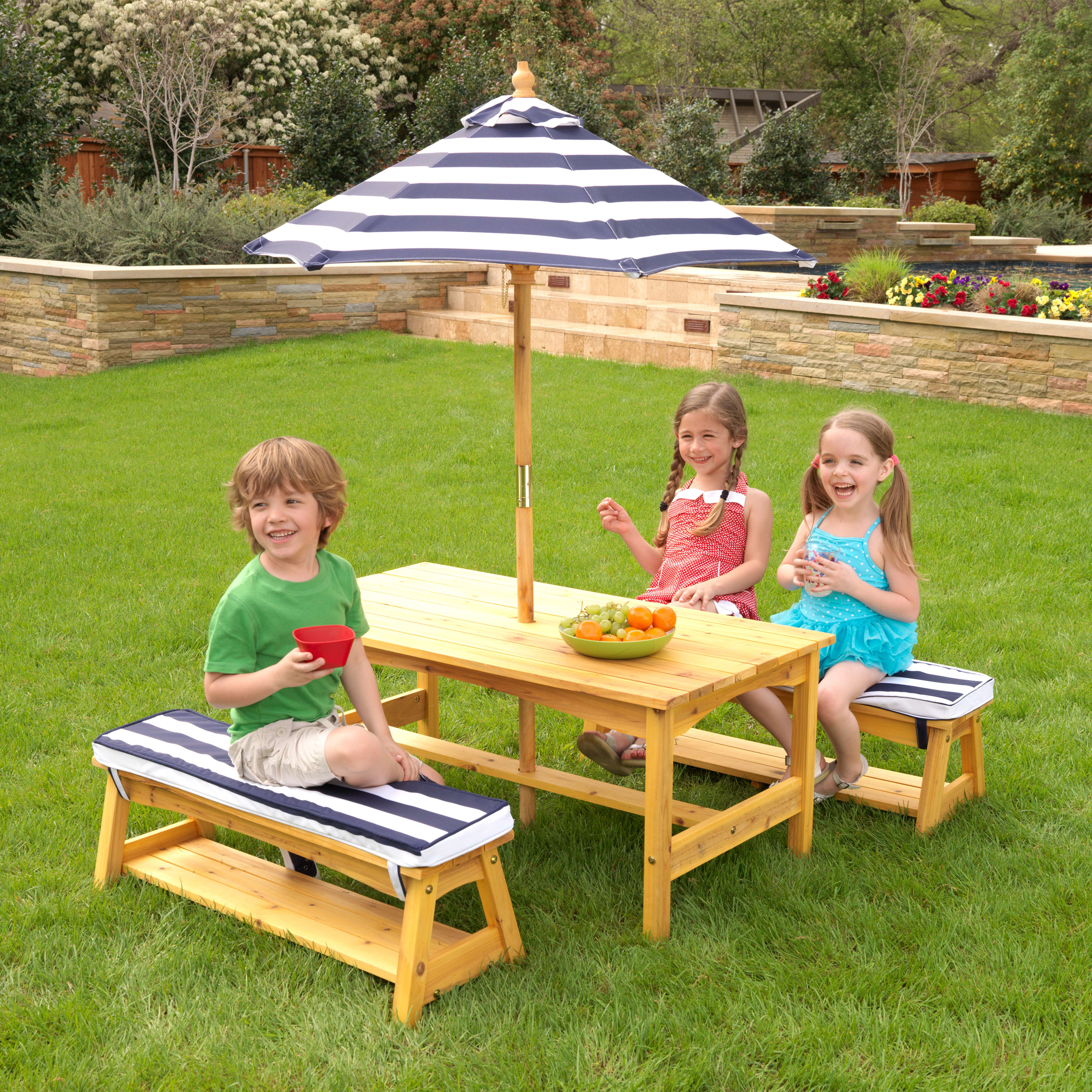 KidKraft Outdoor Wooden Table & Benches with Cushions & Umbrella, Navy