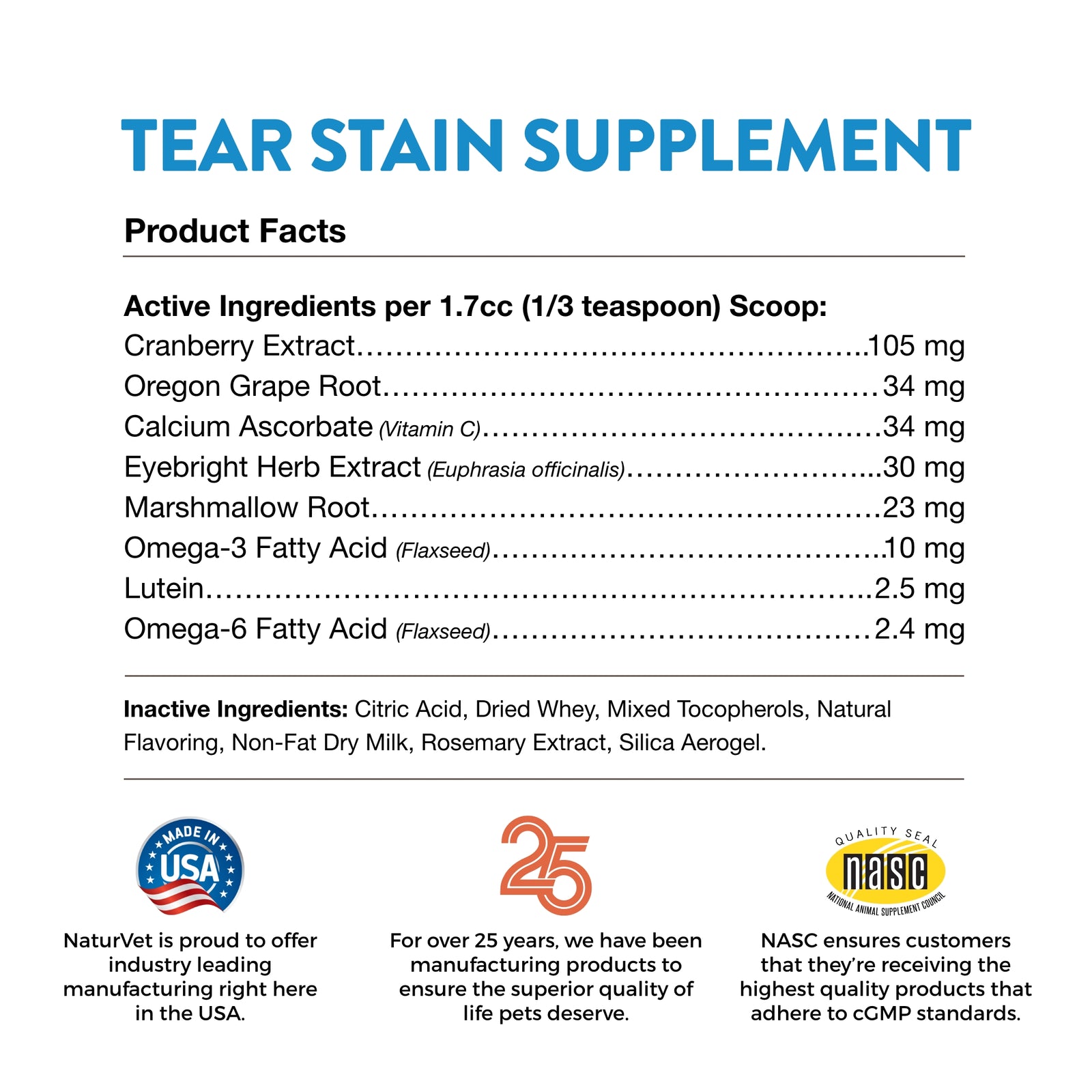 NaturVet Tear Stain Supplement Plus Lutein for Dogs and Cats， 200g Pow