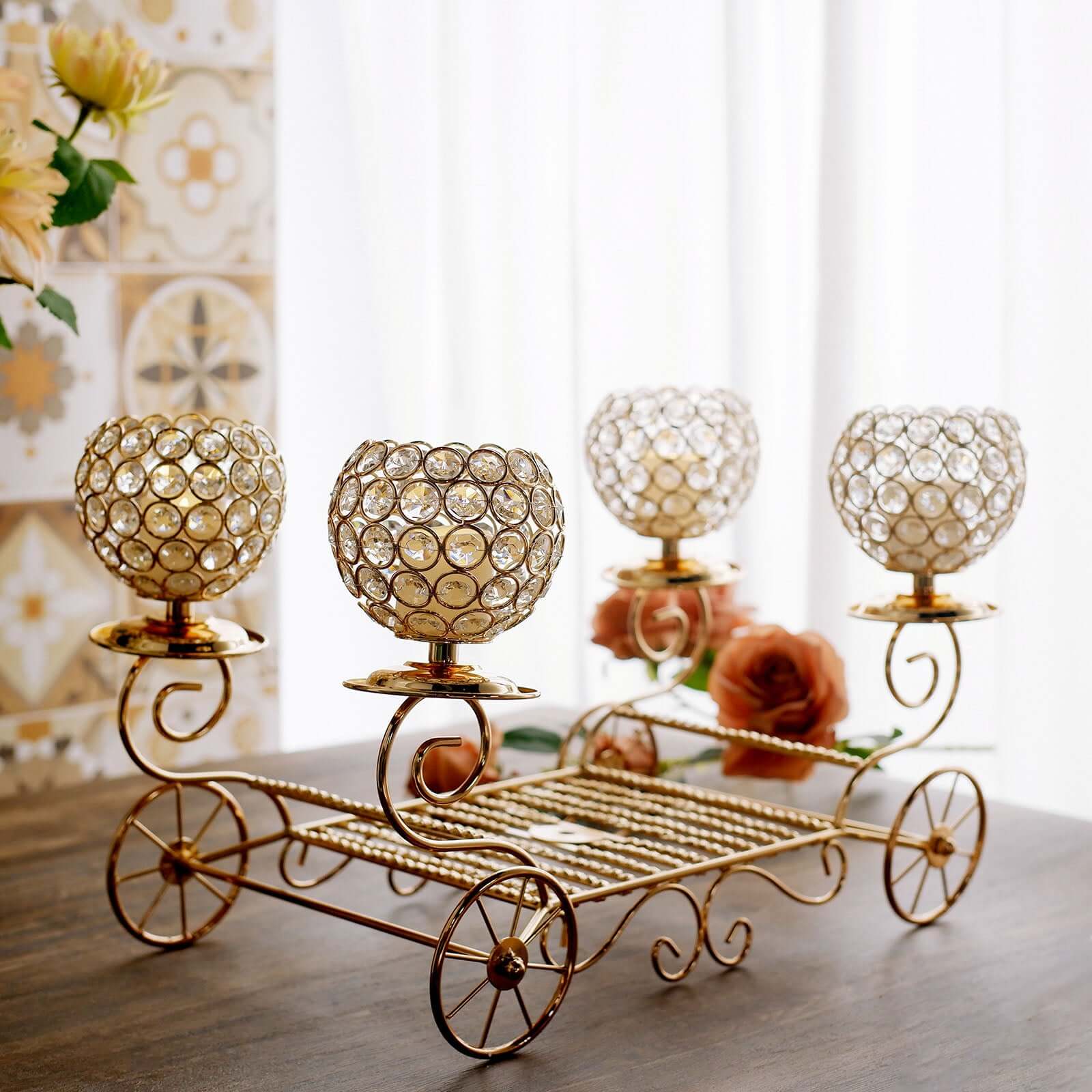 Gold Metal 4-Arm Crystal Cinderella Carriage Candle Holder Centerpiece 18