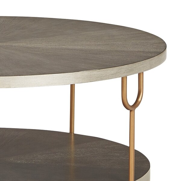 Modern 42 Inch Coffee Table， Ash Veneer， Metal Frame and Wheels， Gold， Gray