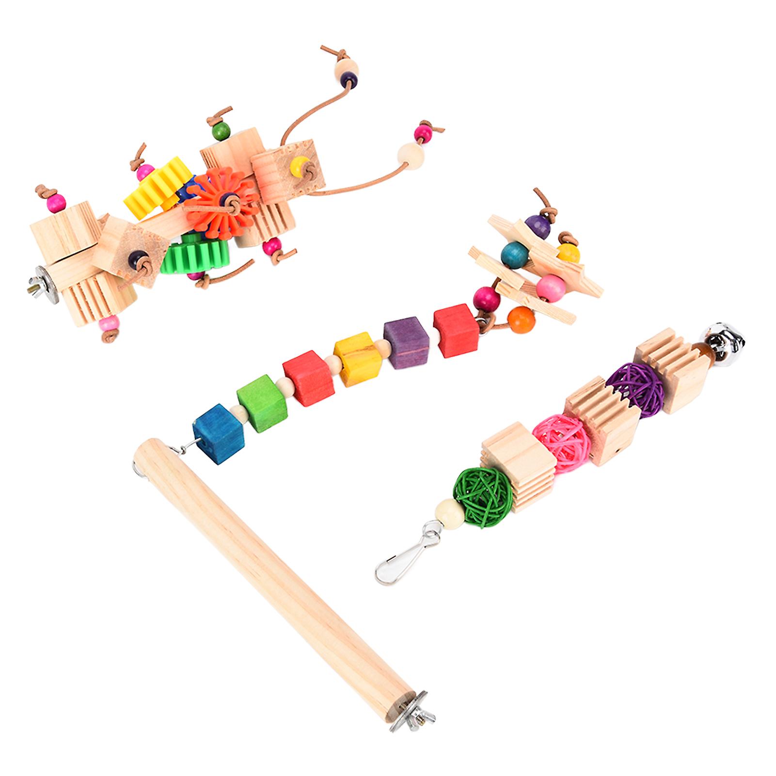 3pcs Parrot Chewing Toys Slotted Wooden Block Toy Parrot Stand Stick Cage Bite String Toy Set