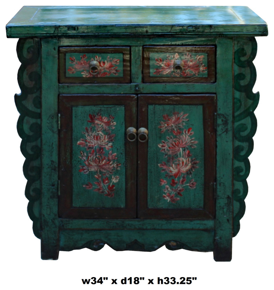 Chinese Distressed Green  ampBrown Flower Graphic Table Cabinet Hcs5948   Asian   Accent Chests And Cabinets   by Golden Lotus Antiques  Houzz