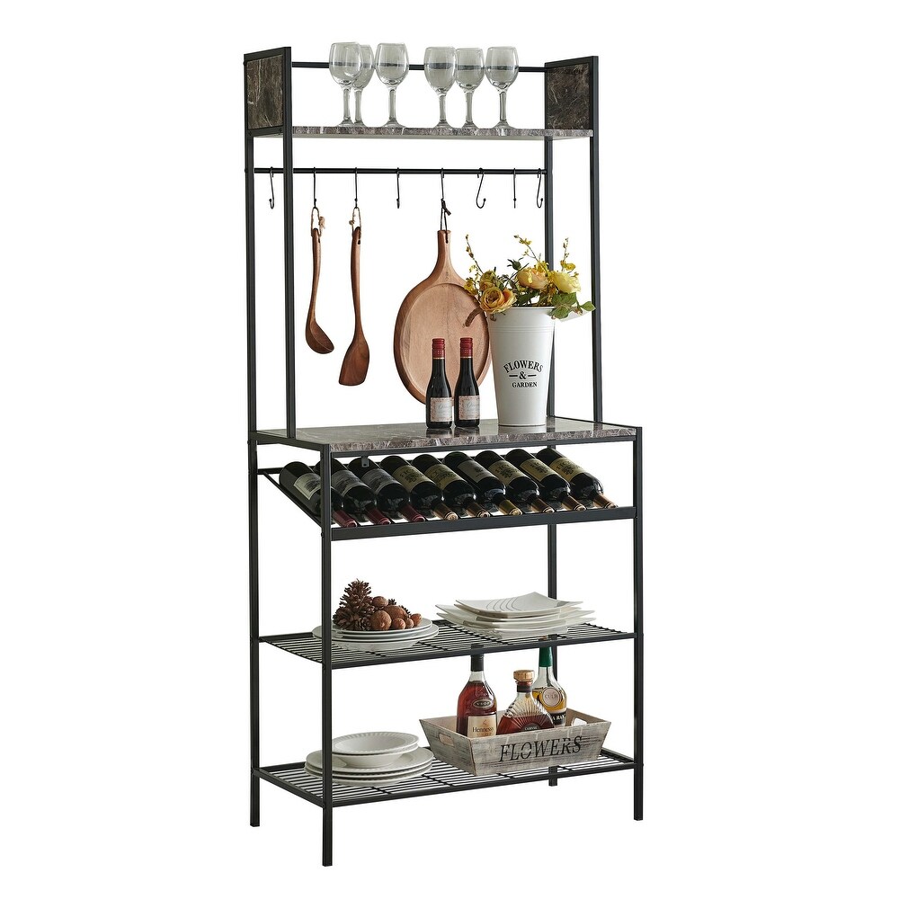 Black Marble Baker’s Rack   Microwave Stand for Kitchen with Wine Bottle Capacity   Hooks  Black