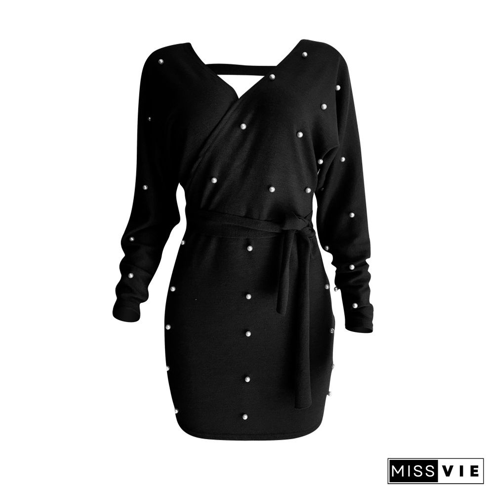 Winter Beaded Long Sleeve Irregular Package Hip Sweater Dress