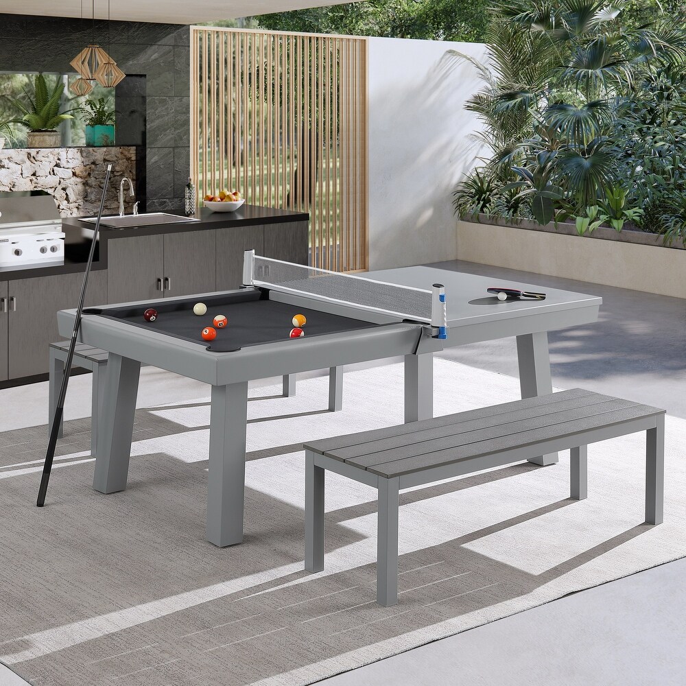 Newport Outdoor Patio 7ft Slate Pool Table Dining Set with 2 Benches   Accessories  Cement Finish