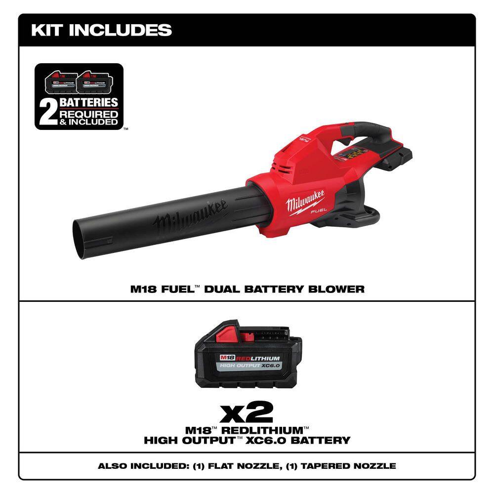 MW M18 FUEL Dual Battery 145 MPH 600 CFM 18V Lithium-Ion Brushless Cordless Handheld Blower wTwo 6Ah HO Battery (2-Pack) 2824-20-48-11-1862