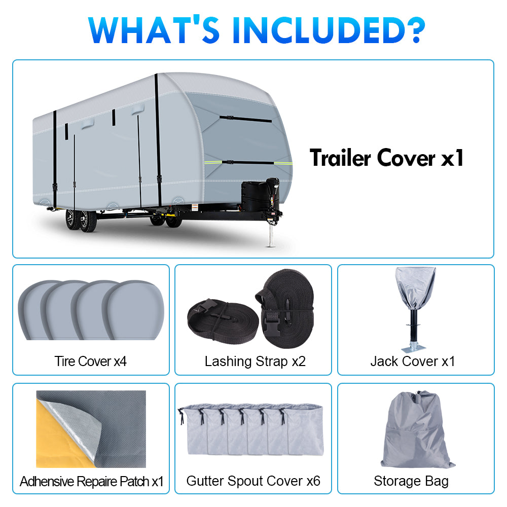 YEOPGYEON Travel Trailer RV Cover 600D Oxford Cloth，31.7'-34' Waterproof 6 Layers with 4 Tire Covers，Tongue Jack Cover，Waterproof Anti-Uv Prevent Top Tearing Caused by Sun Exposure