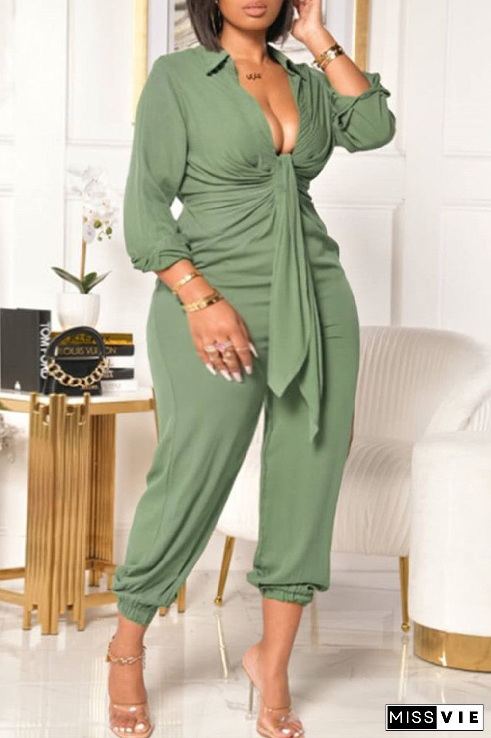 Fashion Casual Solid Basic V Neck Plus Size Jumpsuits