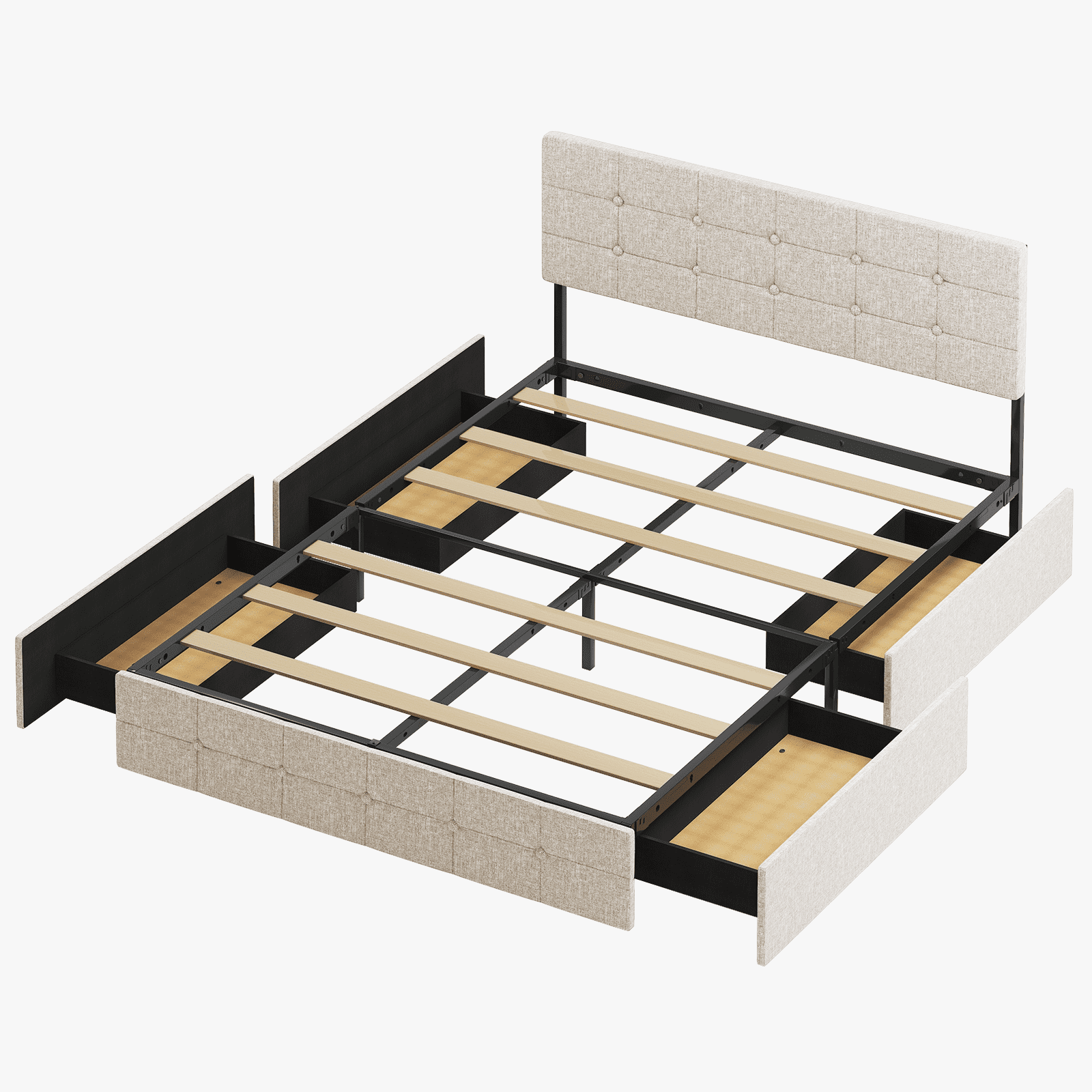 MUZZ Platform Bed Frame Upholstered Bed Frame with Square Button Tufted Headboard Queen, Beige