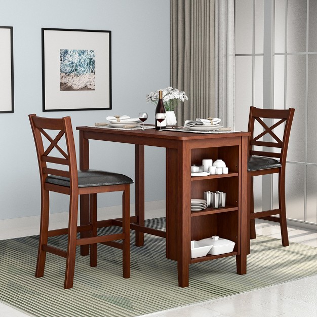 Costway 5pcs Pub Dining Table Set W Storage Shelves amp 4 Upholstered Chairs Walnut