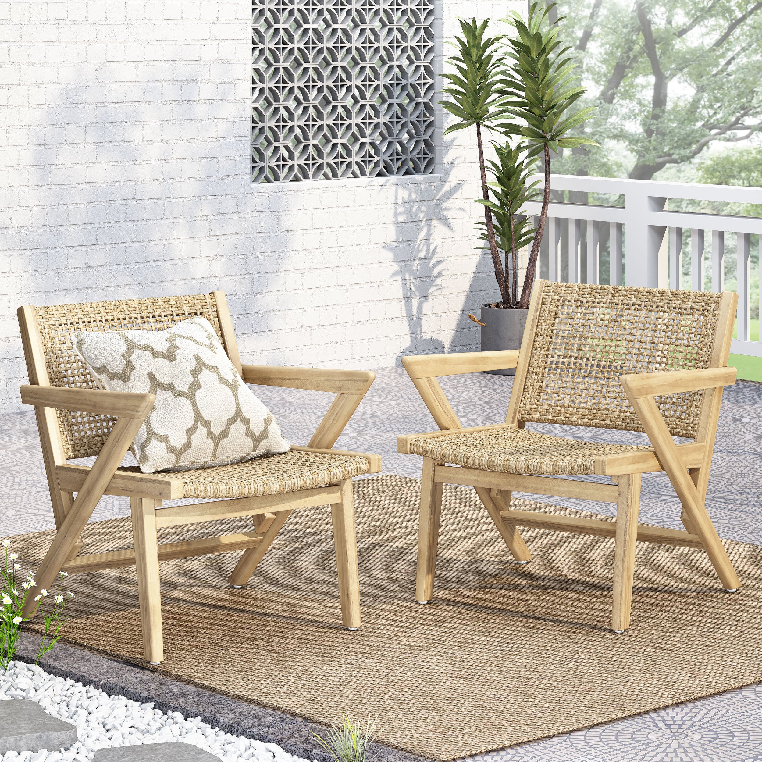 Inez Outdoor Wicker Club Chairs, Set of 2, Light Brown and Light Multibrown