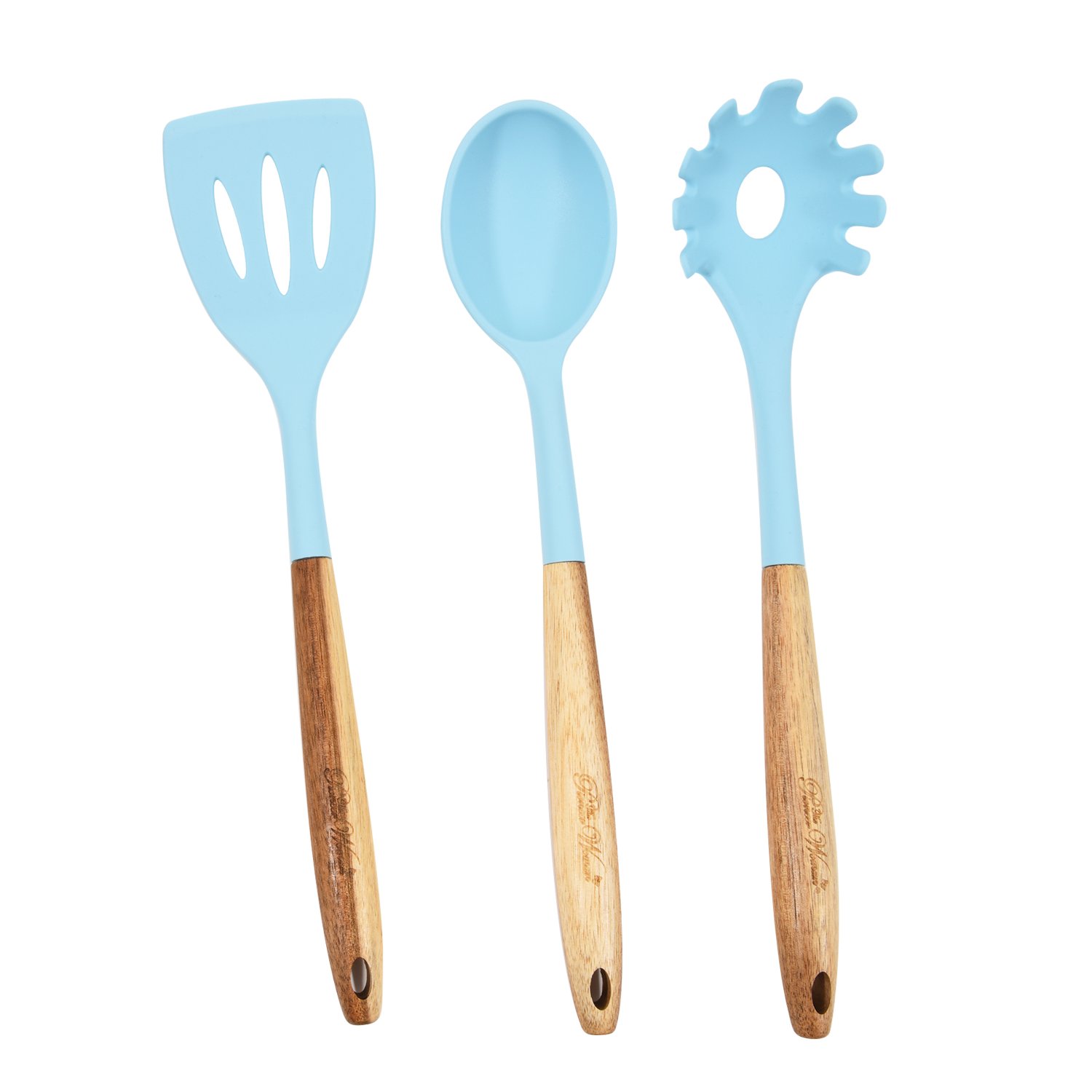 3-Piece Silicone and Acacia Wood Kitchen Utensil Set Blue