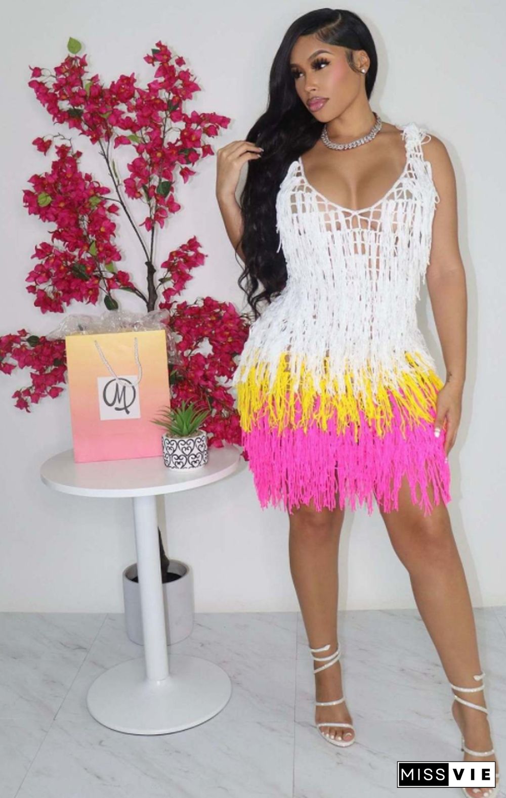 Crochet Knitted Tassel Beach Cover Up Dress