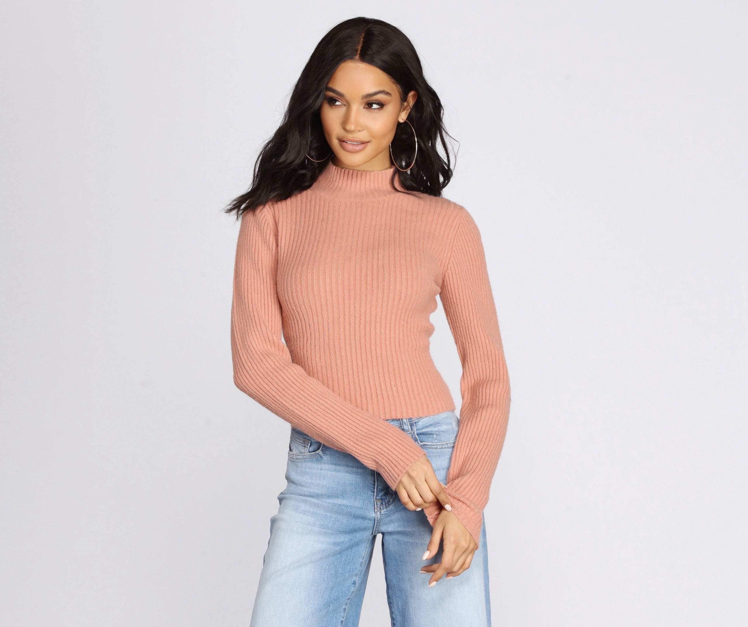 Basic Ribbed Knit Mock Neck Sweater