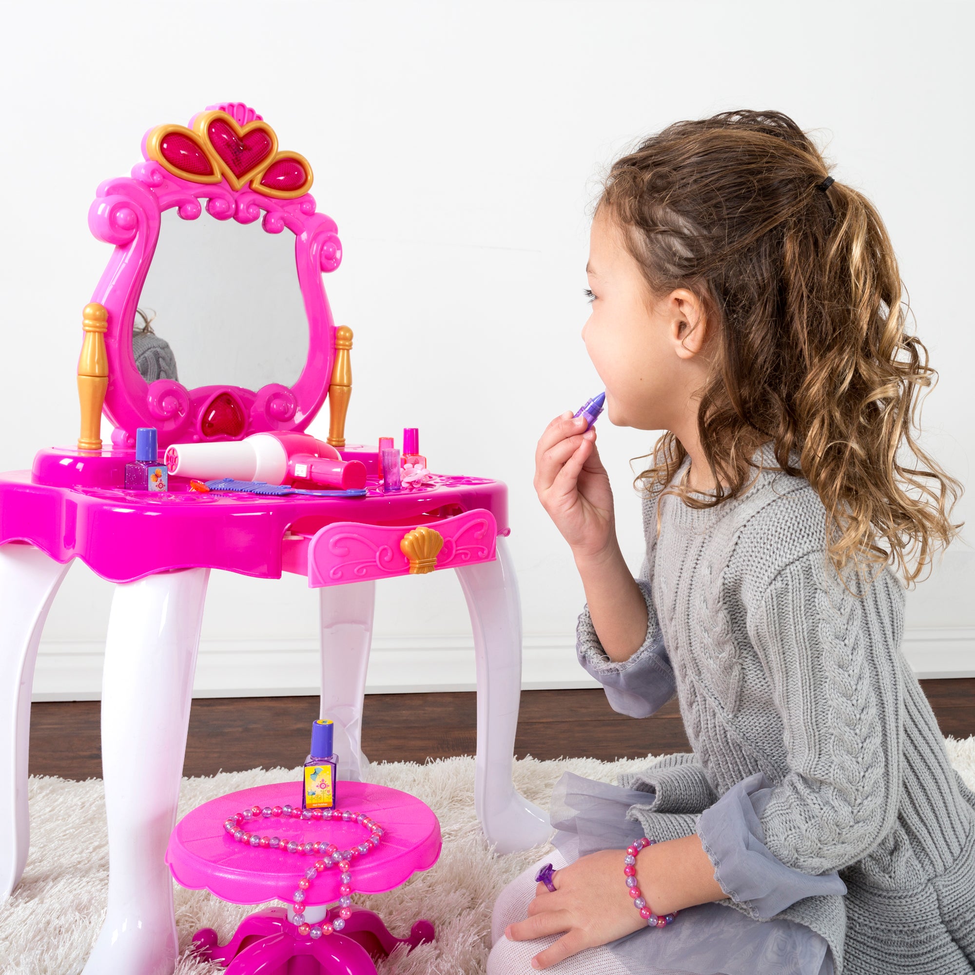 Pretend Play Princess Vanity with Stool， Accessories， Lights， Sounds by Hey! Play!