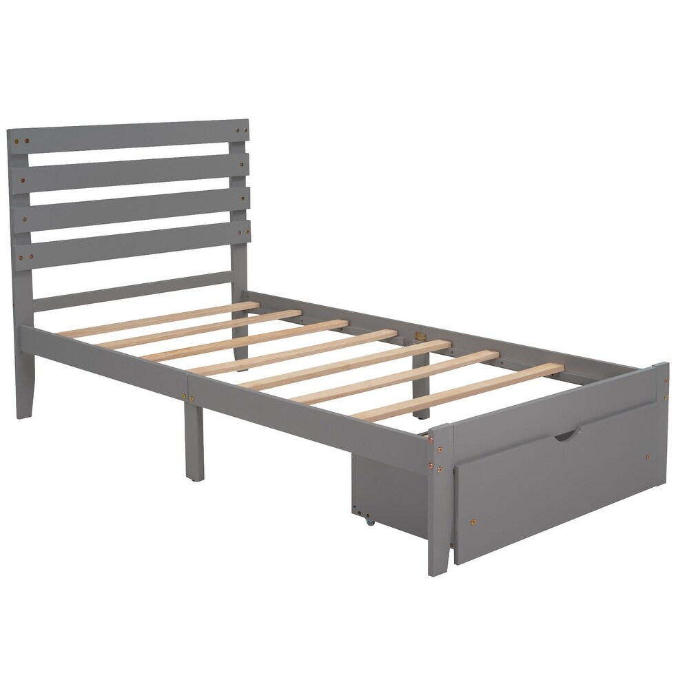 Modern Twin Platform Storage Bed with Footside Drawer  Wood Panel Bed for Small Aprtment Dorm Bedroom