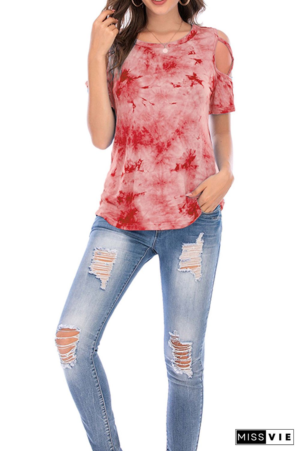 Criss-Cross Short Sleeve Crew Neck Tie Dye T-Shirt Wholesale