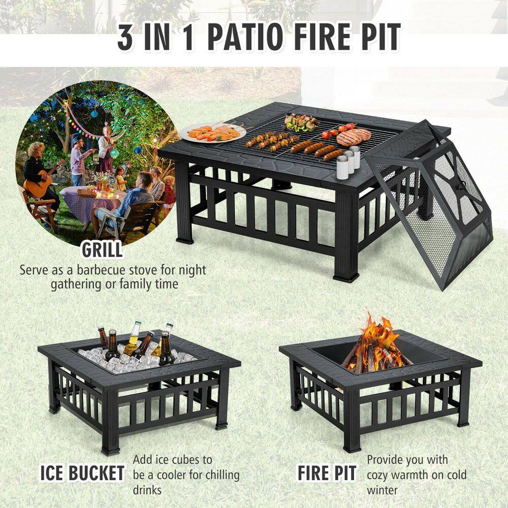 Gymax 32 in. 3-In-1 Outdoor Square Fire Pit Table with BBQ Grill Rain Cover for Camping GYM08940