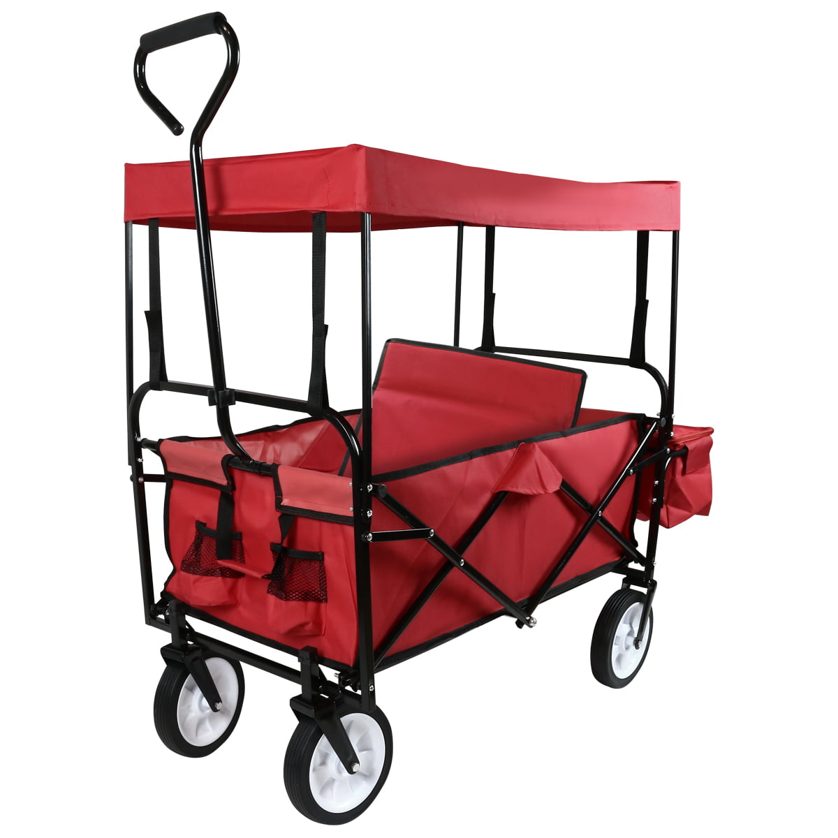 Geniqua Red Utility Collapsible Folding Wagon Cart w/Canopy Garden Beach Toy Sport Buggy