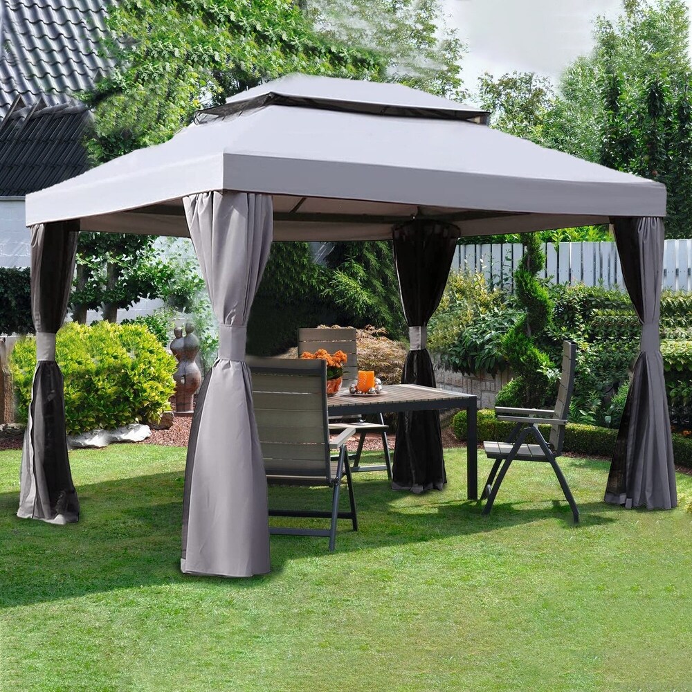 10 ft. x 13 ft. Gray and Black 2 Tone Steel Gazebo with Mosquito Netting and Shade Curtains