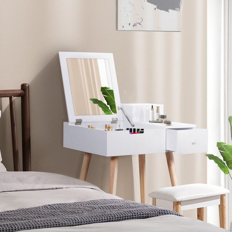 White Dressing Vanity Table with Flip Top Mirror and 2 Drawers