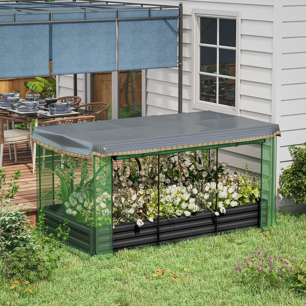 Outsunny Galvanized Raised Garden Bed with Crop Cage Plant Protection Net and Shade Cloth  Metal Planter Box