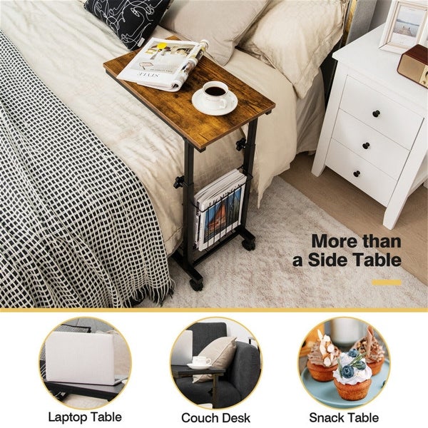 Adjustable C Shape Sofa Side Table with Storage Basket