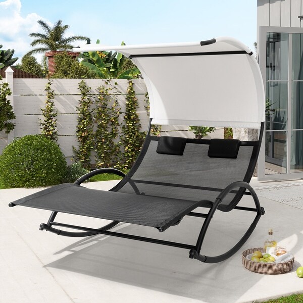 Outdoor Double Chaise Lounge Chair Rocking Lounger with Sunshade Canopy