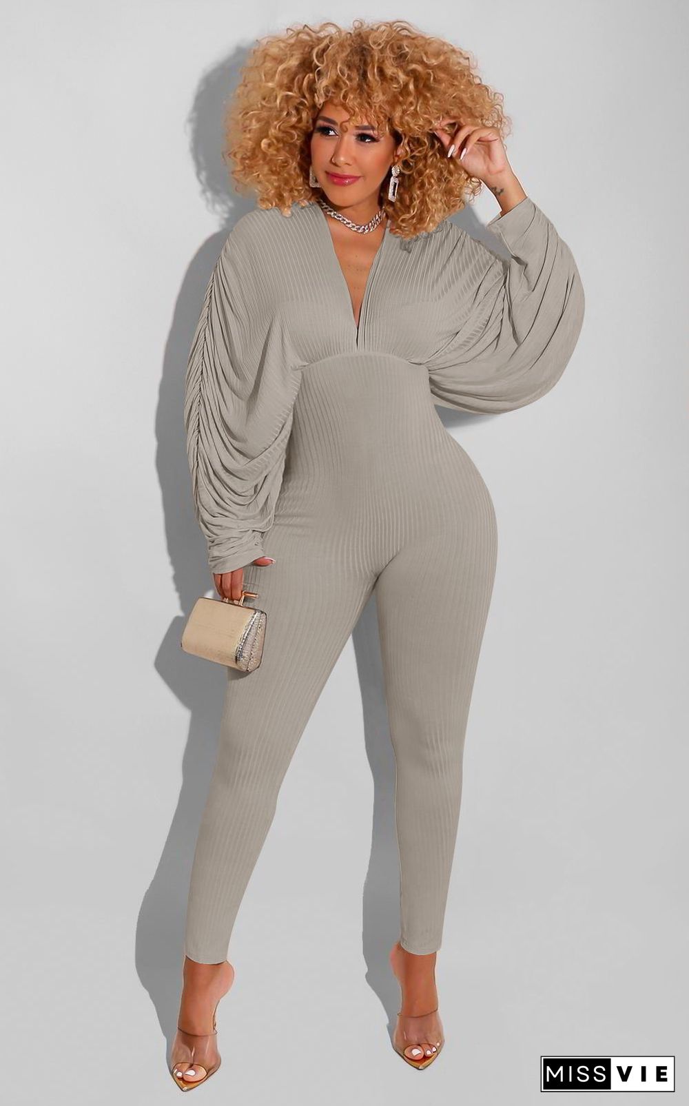 New High Elastic Solid Color Bat Sleeve Jumpsuit