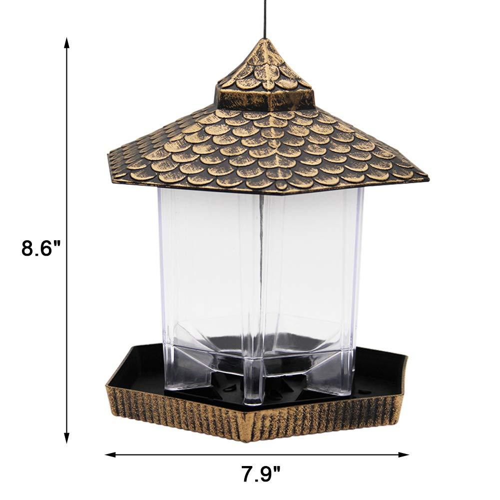 Twinkle Star Wild Bird Feeder Hanging for Garden Yard Outside Decoration， Hexagon Shaped with Roof Bronze