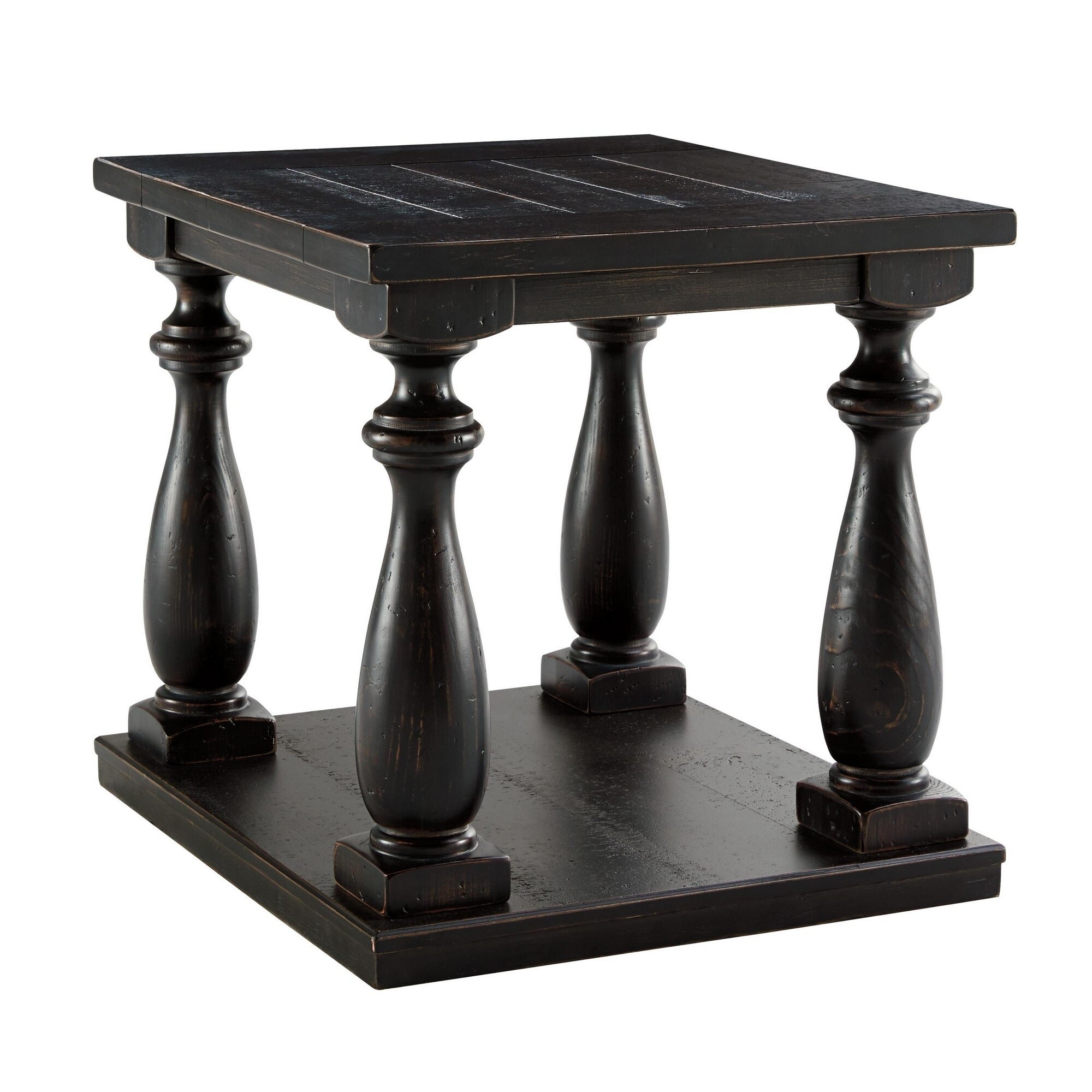 Plank Style Wooden End Table with Turned Legs and Open Bottom Shelf， Black