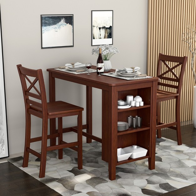 Homesessentials 3pcs Counter Height Pub Dining Table Set W Storage Shelves amp 2 Bar Chairs