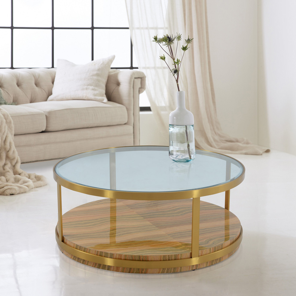 Hattie Glass Top and Wood Round Coffee Table With Gold Frame   Contemporary   Coffee Tables   by GwG Outlet  Houzz