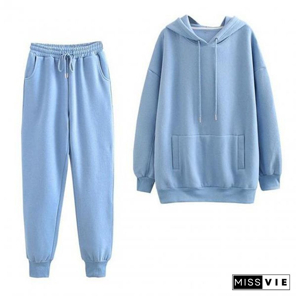 Sweatshirt Pants Set Hooded Cold Resistant Drawstring Pockets Women Outfit For Office