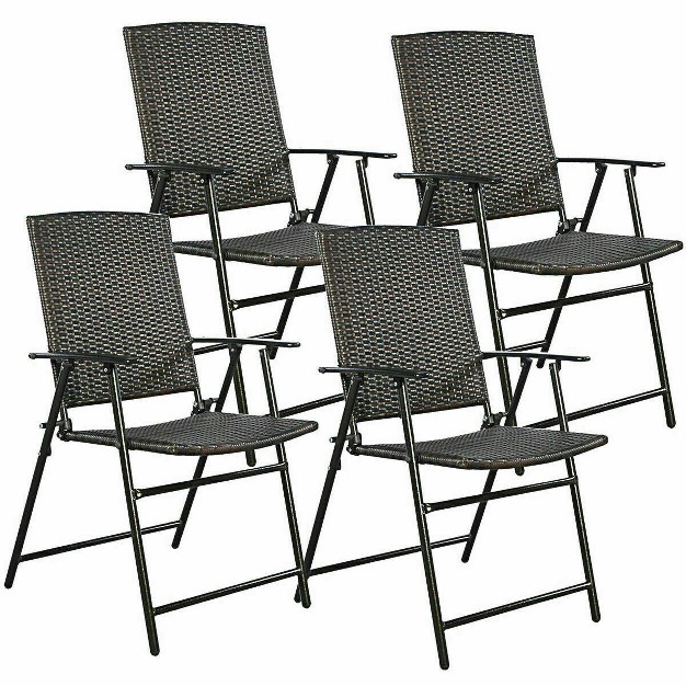 Tangkula 4 Pcs Folding Rattan Chair Brown Outdoor Indoor Furniture