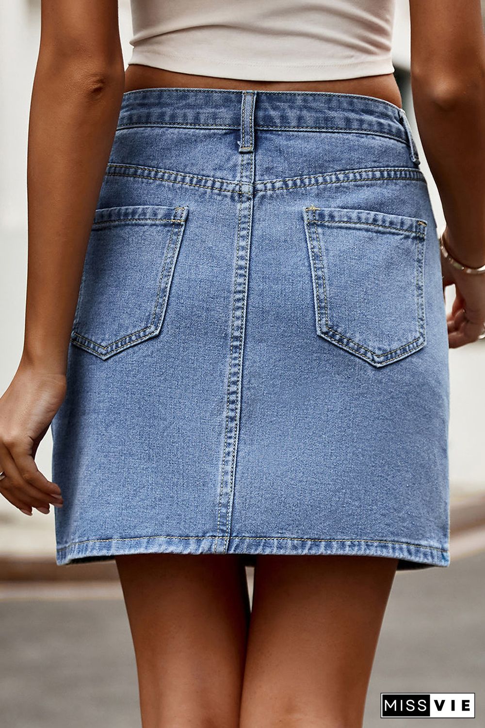 Street Solid Pocket Asymmetrical Loose Denim Skirts