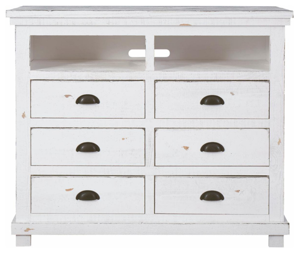 Rustic TV Media Console  6 Drawers With Inverted Cup Shaped Pulls  White   Farmhouse   Entertainment Centers And Tv Stands   by Declusia  Houzz