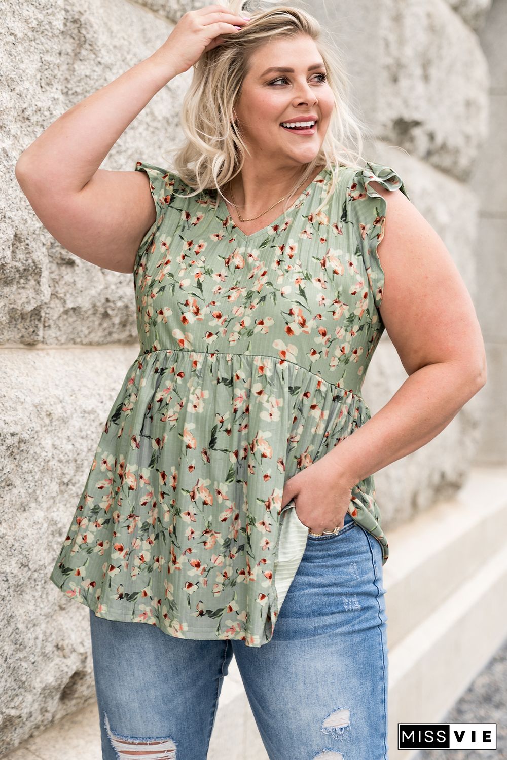 Green Floral Flutter Shoulder Plus Size Tank Top