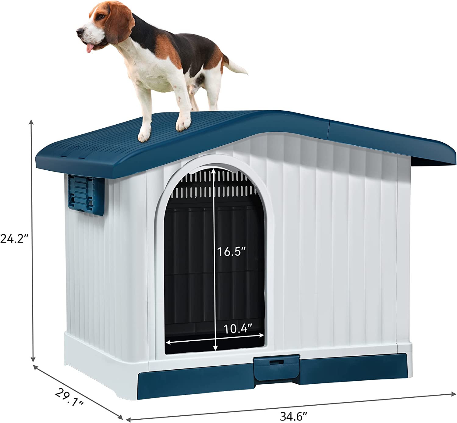 YITAHOME Large Plastic Dog House with Liftable Roof， Indoor Outdoor Doghouse Puppy Shelter with Detachable Base and Adjustable Bar Window， Water Resistant Easy Assembly